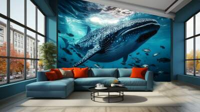 a whale swimming in the ocean with a lot of fish around it's neck and head, with a lot of fish around it's neck, and a lot of water around the bottom.  Wall mural